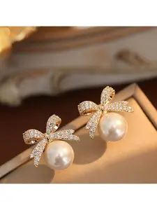 Elegant Faux Pearl & Rhinestone Bow Earrings, Pearl Bowknot Decorated, High-End Halloween & Valentine Jewelry, Luxury Design for Women, Perfect Gift
