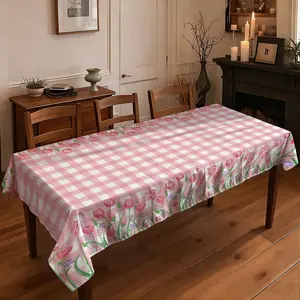 1 piece of 2D flat printed tablecloth  Pink Gingham Tulip Tablecloth, Rustic Floral Style Table Cover, Waterproof Decor for Dining Room, Kitchen and Outdoor Picnics