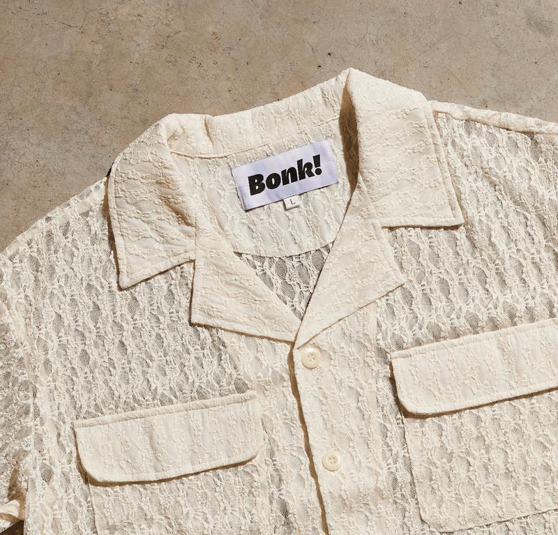 Black Lace Button-Up Camp Collar Shirt