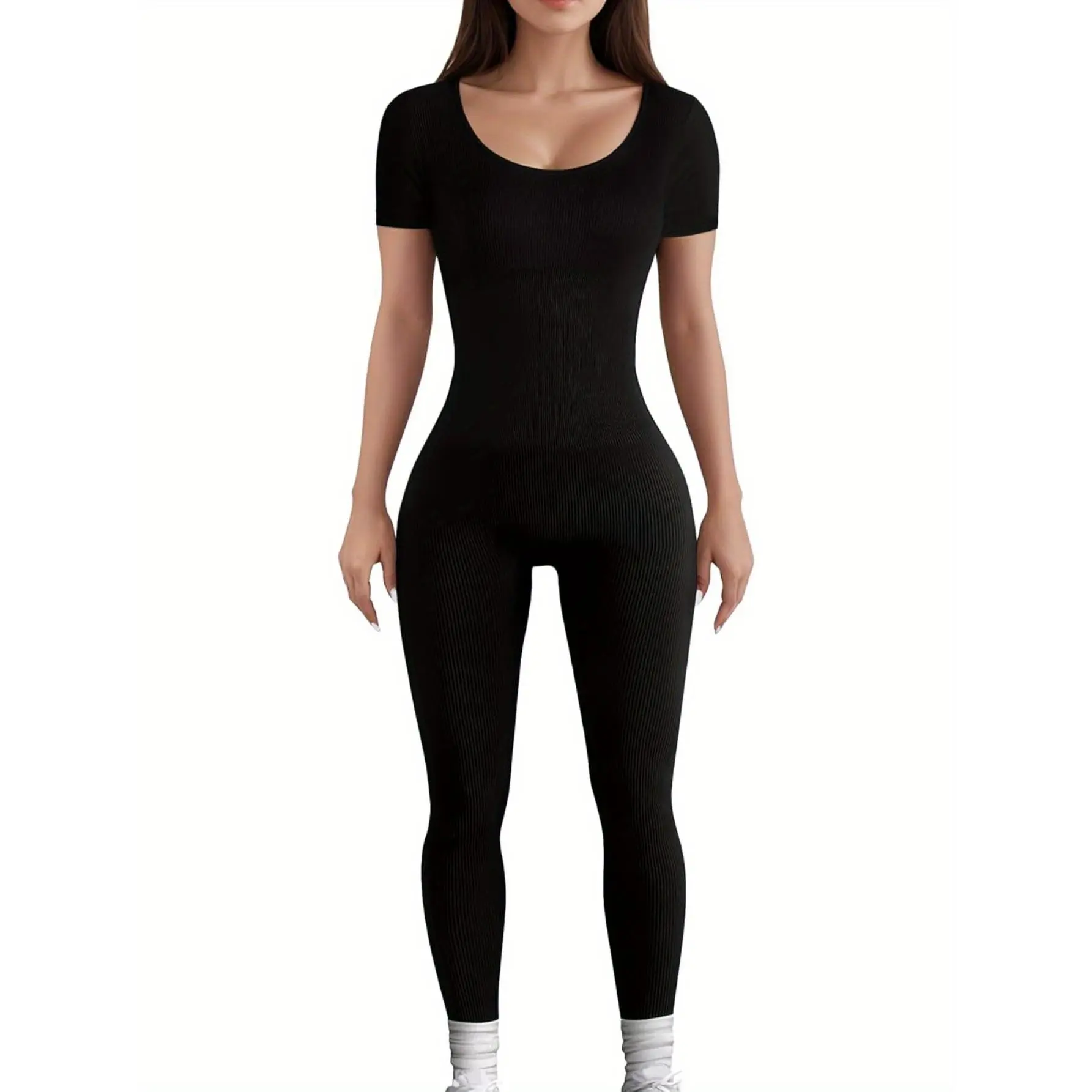 Women's Seamless Ribbed Workout Jumpsuit - Body Sculpting, Tight-Fitting Stretchable Stylish Activewear, Fitness Sport Outfits, Sporty Summer Gym Jumpsuit for Yoga & Fitness