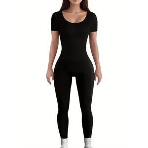 Women's sports jumpsuit, seamless ribbed tight-fitting jumpsuit, short-sleeved sports jumpsuit in vest style