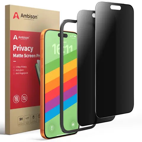 Ambison 2-Piece Matte Tempered Glass Privacy Screen Protector for iPhone 17/16/15/14/13 Pro Max, 25° Matte Privacy, Scratch Resistant, Full Coverage, Case-Friendly, Silk-Smooth, Shockproof, Less Glare, HD Clarity, Easy Installation Tool Included