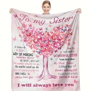 Best Friend Sister Gift Blanket - Soft Flannel 30s Yarn All-Season Cozy Throw with Heartfelt "to My Sister" Message & Butterfly Tree Design - Pink & Golden Sentimental Keepsake for Birthdays, Holidays, Couch, Bed, or TV Use - Contemporary Style Sent