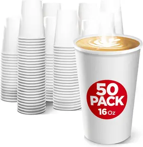 Disposable White Paper Coffee Cups -16 Oz (50 Pack) - Hot Beverage Cups for Tea, Hot Chocolate, Water for Hot and Cold Drinks - Eco Friendly