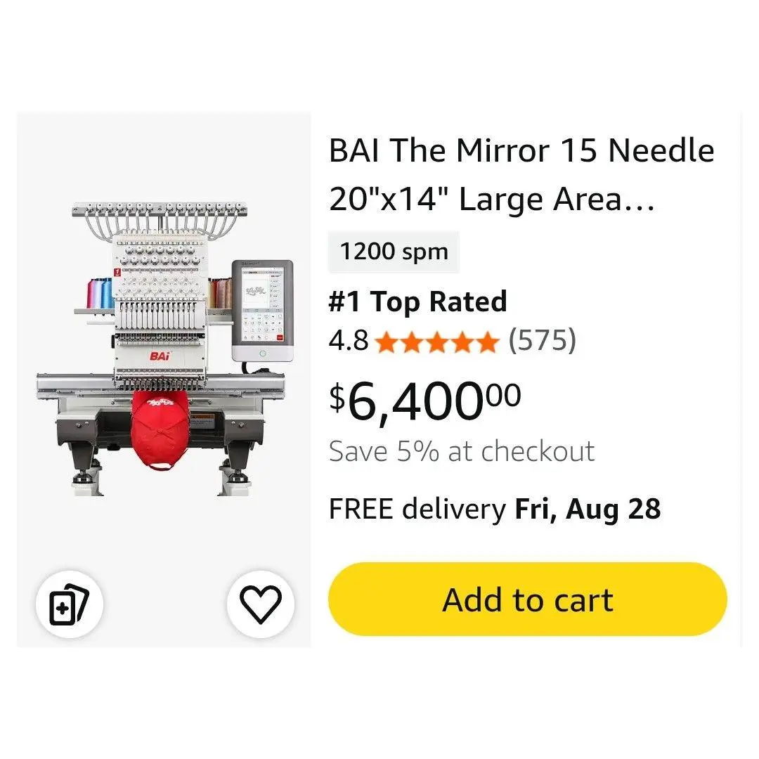 BAI The Mirror 15 Needle 20"x14" Large Area Embroidery Machine 1200 spm Top Rated 4.8 Stars Free Delivery