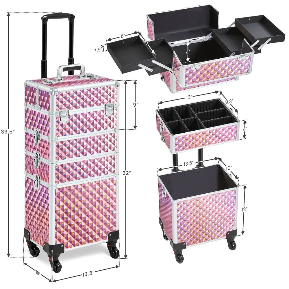 Yaheetech 4-in-1 Professional Rolling Makeup Train Case Extra-large 4-Tiered Aluminum Cosmetic Trolley Storage on Wheels Cosmetic Organizer Traveling