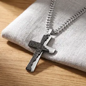【AMKMAX】Black Silver Cross Necklace for Men, 304 Stainless Steel Christian Pendant Cuban Chain, Faith Jewelry Gift for Him men's