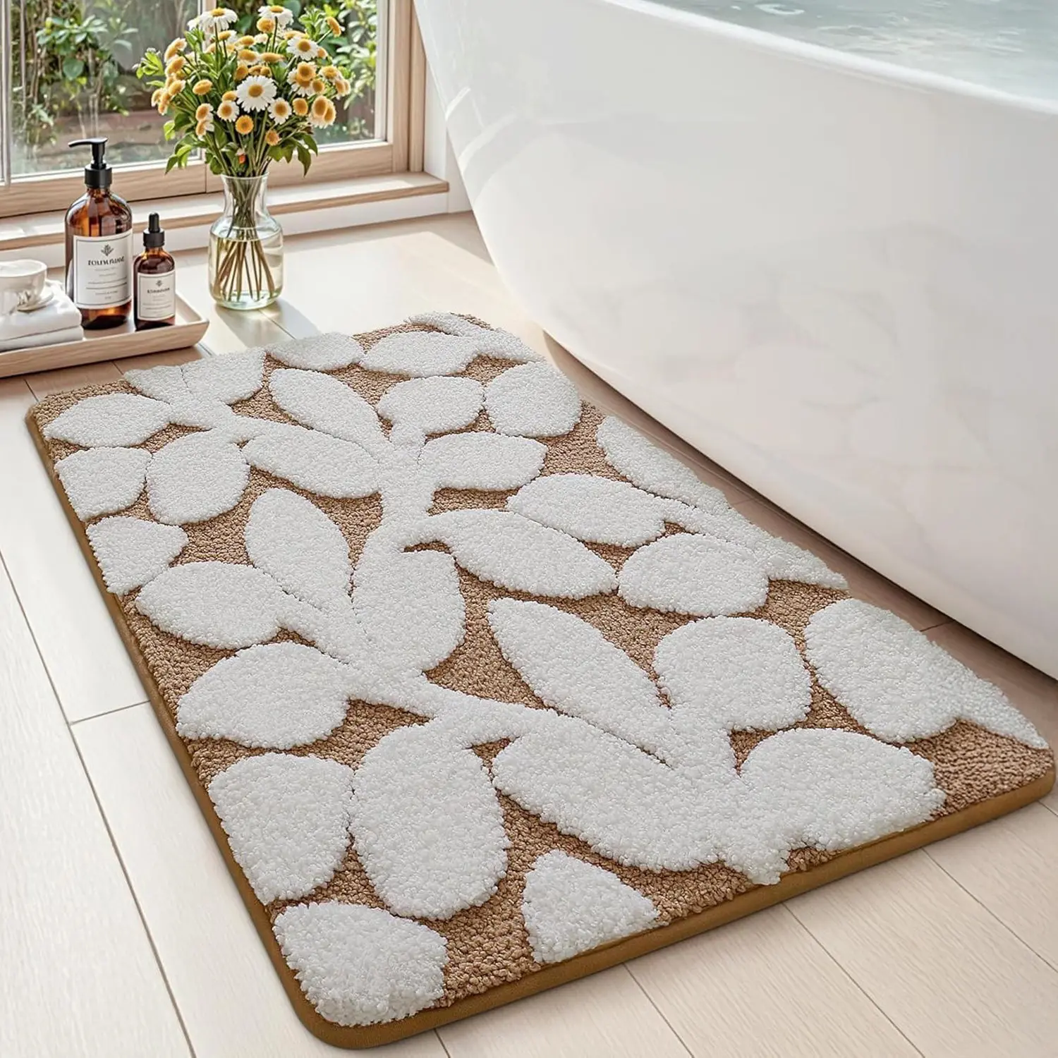 DEXI Traditional Rectangle Bathroom Rug Set - 20x32 in Cozy Microfiber Bath Mat with Anti-Slip Rubber Pad, Durable Washable Highly Absorbent Quick-Dry for Shower Floor, Tub (Prints: Green Leaf/Pink Flower/Beige), Cozy Bath Mat
