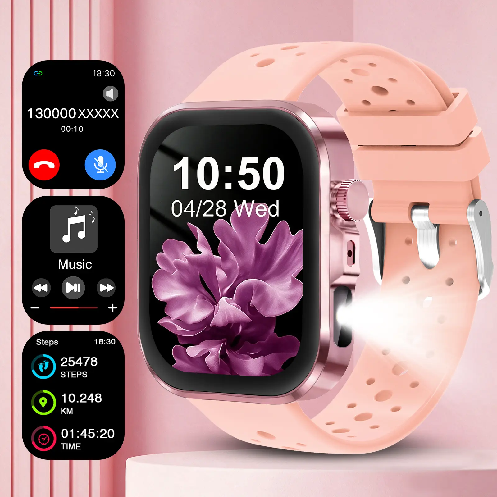 2026 New Smart Watch With Side Flashlight Bluetooth Call Fitness Tracker Step Count Remote Camera Music Control Weather Breathable Hole Silicone Strap Smartwatch For Android IOS Men Women