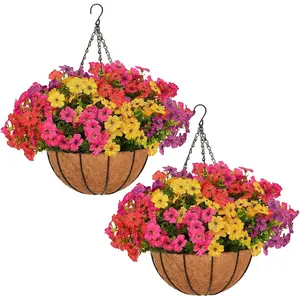 2 Set Artificial Hanging Flowers with Basket for Outdoor Spring Summer Decor - 24 Pcs Realistic UV-Resistant Silk Daisy Hanging Plants for Garden Porch Patio Balcony Decoration