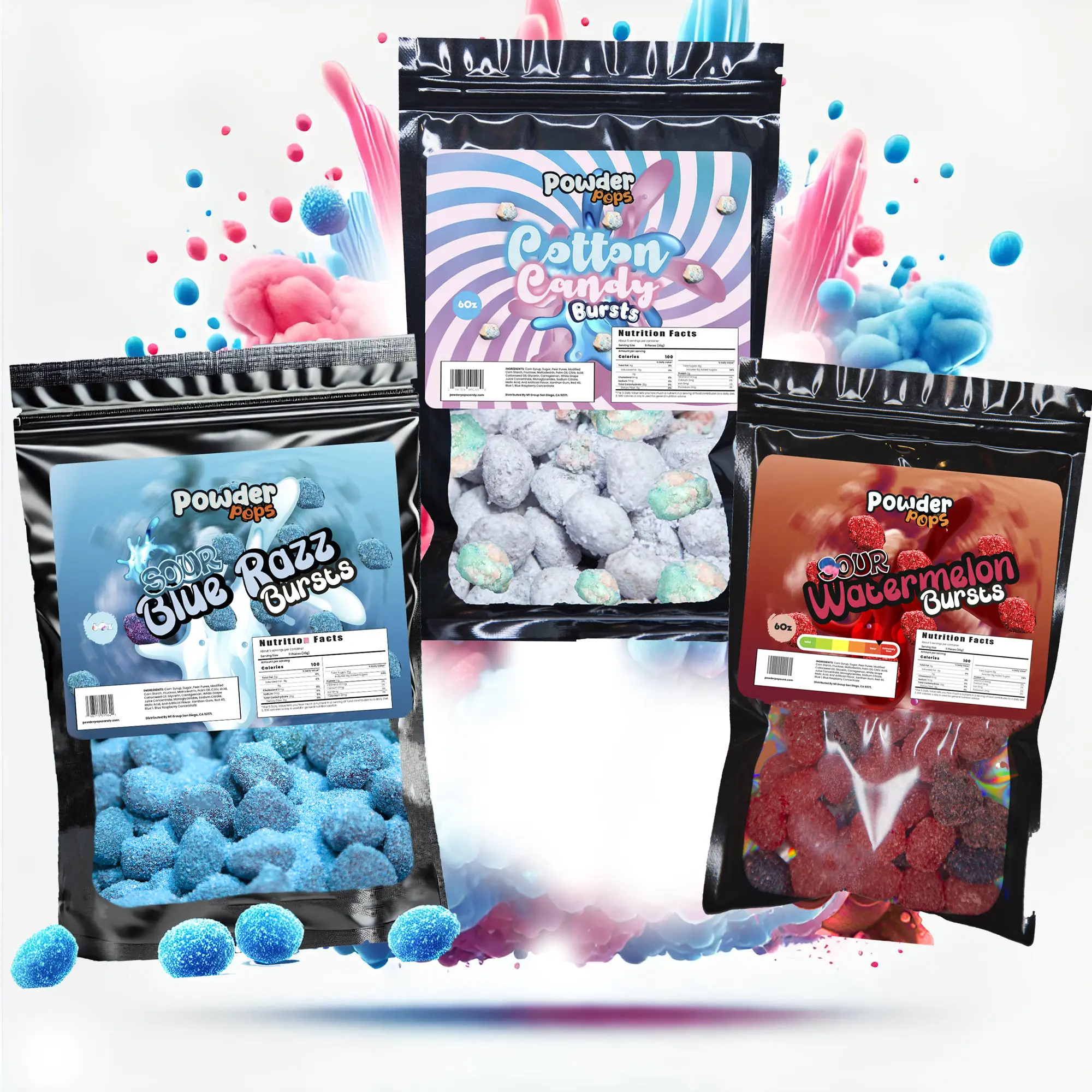 PowderPops Trio Pack Cotton Candy Gusher Bursts 6OZ + Sour Blue Raspberry 6OZ + Sour Watermelon 6OZ Viral Candy Snack - Sweet, Sour