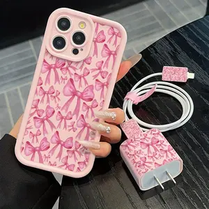5 Piece Bow Mobile Case Set, Includes Charger Cover, Cable Protectors, Storage Strap, Tpu Shockproof iPhone Case for 6 to 16 Pro Max