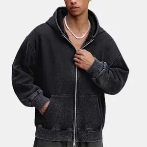 Men's Full Zip Oversized Hooded Sweatshirt Acid Washed Long Sleeved Pullover Men's And Women's Reversible Zipper Hooded Sports Shirt A Simple And Minimalist Thick Top With Kangaroo Pockets Suitable For Casual Street Style And Autumn/Winter Wear.