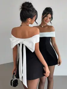 Aloruh Valentine's Day Off Shoulder Black & White Bowknot Dress, Fairycore,Graduation,Graduation Dresses For Women,Back To School Dress