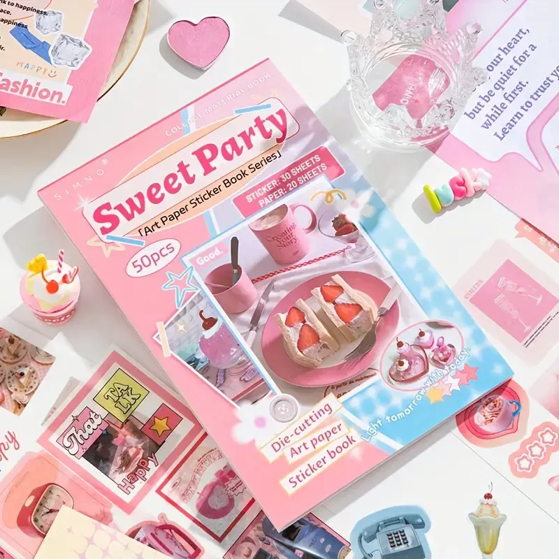 Sweet Party Aesthetic Sticker Book, 50 Sheets Dual-Material Art Paper Stickers & Collage Deco Paper Pad, 2-in-1 Kawaii Scrapbooking Kit for Journaling, Cohesive Color Themes for Kids Adults Gifts