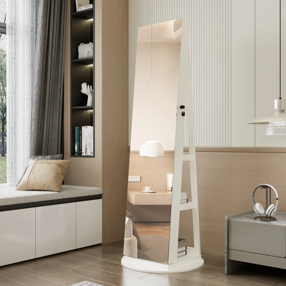 Rotatable Vanity Lockable Cabinet - 360° Swivel Full-Length Smooth Mirror, Modern MDF Wood Freestanding Jewelry Storage Armoire with Foldable Drawer, Interior Lighting, Decor for Any Room Organization