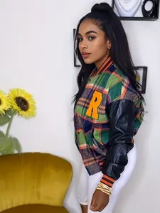 Sheik Apparell Women's Oversized Plaid Patchwork Baseball Jacket Long Sleeve Casual Outerwear for Fall/Winter Cozy Layering Piece