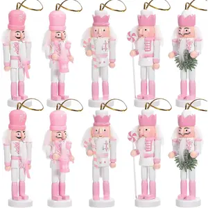 10 PCS Christmas Wooden Nutcracker Ornament Set Hanging Decoration Figures for Xmas Tree Table Wall Decor (Pink)