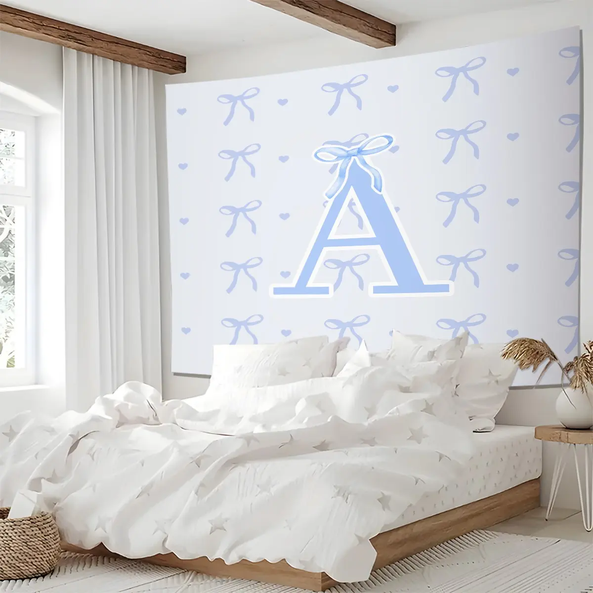 Blue Coquette Bow Letter A-Z Tapestry, Cute Wall Hanging Tapestries, Aesthetic Wall Blanket Backdrop Decor for Girls Teens Bedroom Dorm Living Room, Lightweight Fabric Art for Home Party Decoration