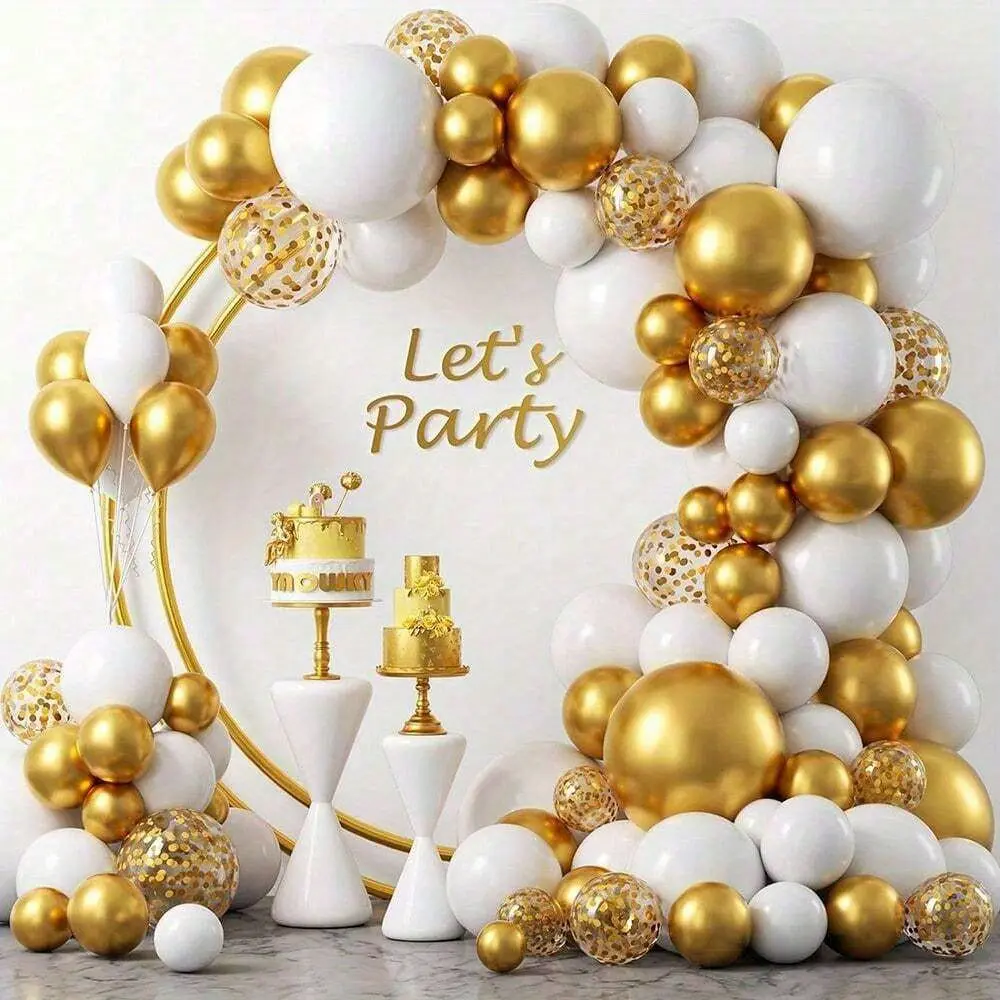 121pcs Metallic Golden, White Confetti Latex Balloons Set - Festive Party Supplies for Birthdays, Weddings, Room Decor, Home Garden, Party Backgrounds, Christmas Accents
