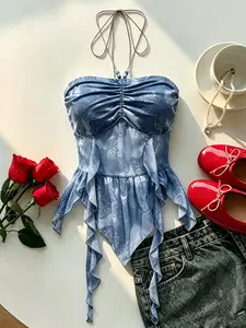 Paisley Subtle Print Halter Bandeau Cami Top, Irregular Ruffled Streamer Blouse, Y2K Hot Girl / French Romantic Retro Style, Perfect for Beach Vacation, Music Festivals, Parties & Daily Hot Girl Outfits