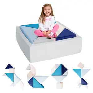 Tangram Puzzle Modular Kids Play Couch, Buildable Fort & Explorer Sofa with Ball Pit, All-Sponge Convertible Playroom Furniture, Creative Play Sofa to Inspire Children’s Imagination & Creativity, Blue
