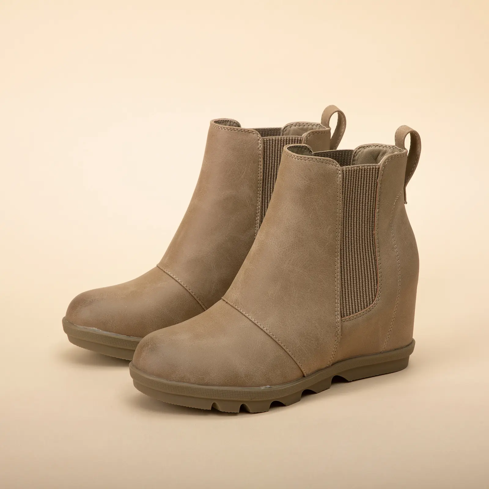Women's Khaki Leather Ankle-Length Booties - Casual Retro Slip-On Wedge Walking Shoes, Comfortable Round Toe Footwear for Everyday Wear