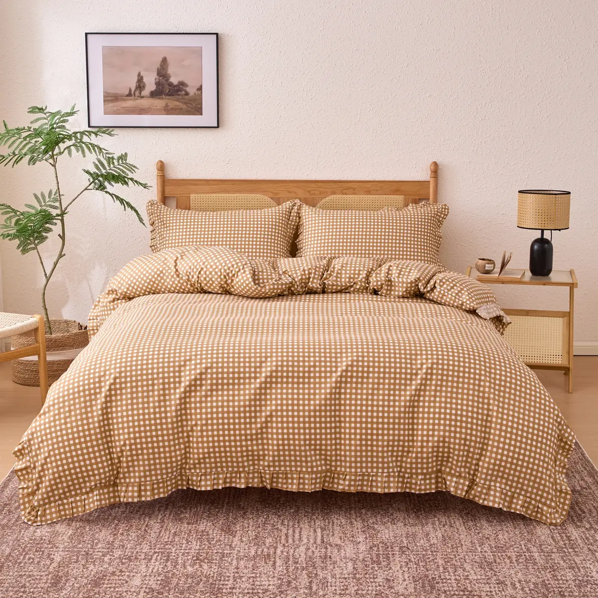3-Piece Flannel Plaid Ruffled Sheet Set, Bed Sheet Sets, No Core Pillow Included, Farmhouse Style, Soft Comfort All Seasons, Bedroom Dorm Decor, Bedroom Bedding Set