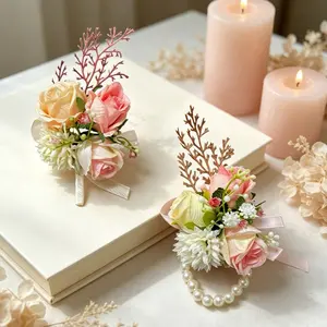 2-Piece Artificial Boutonniere & Wrist Corsage Set, Pink Rose with Pear, Wedding Prom Bridal Party Accessories, Bridesmaid Groom Floral Decor