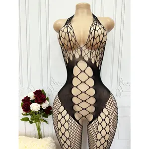 Women's Sexy Lingerie Bodysuits, Cut-out Fishnet Jumpsuits, Exotic Dance Dresses, Sexy Fishnet Club Costumes, Lace Halterneck Backless Jumpsuits, Catsuits Accentuate Your Attractive Body Curves Womenswear Black