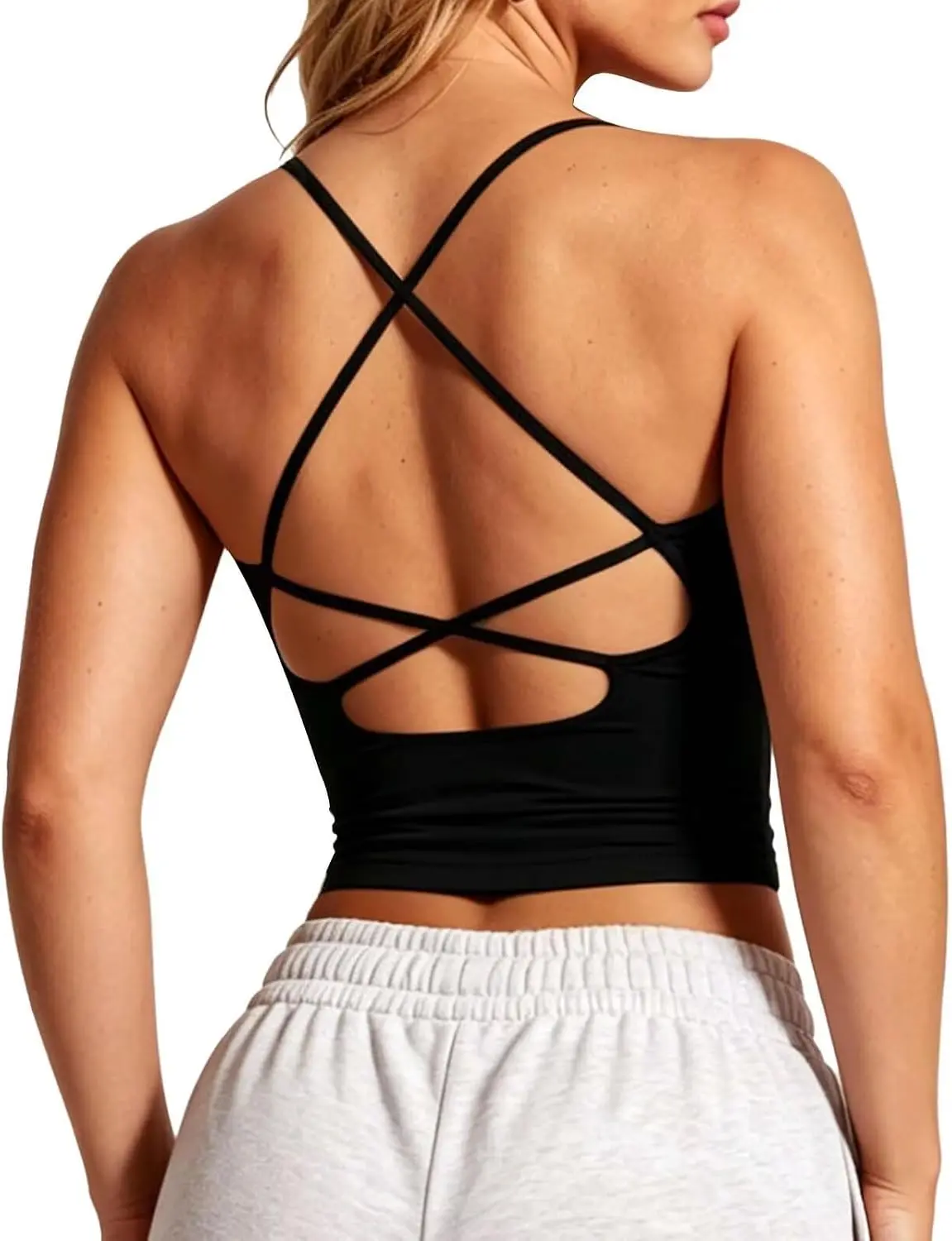 TZLDN Women V Neck Backless Workout Tank Tops Built in Bra Padded Strappy Longline Sports Bra Gym Yoga Camisole Crop Top