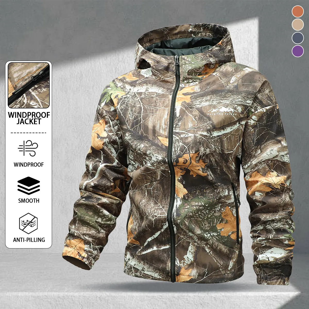 Men’s forest camouflage hooded windproof jacket, four colors, outdoor hunting/fishing full-zip outerwear