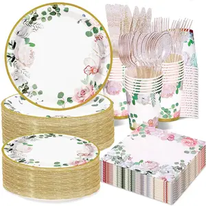350 count Floral Plates and Napkins Party Supplies Serve 50 Flower Disposable Paper Dinnerware Sets for Adults Bridal Shower Decorations  Shower Birthday Wedding Engagement