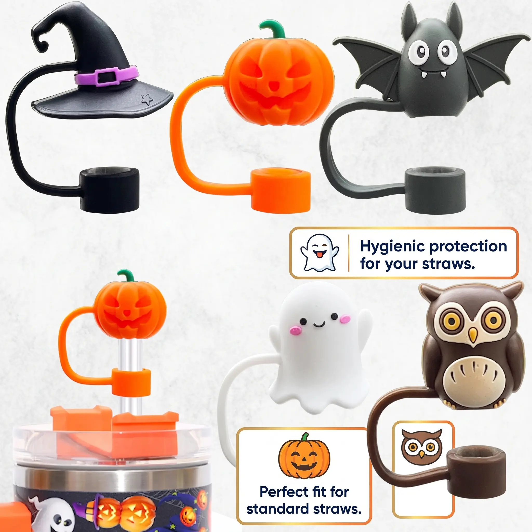 1/5PCS Silicone Halloween Straw Cover Caps for Stanley Cup, 10mm Dust-Proof Reusable Tumbler Straw Toppers