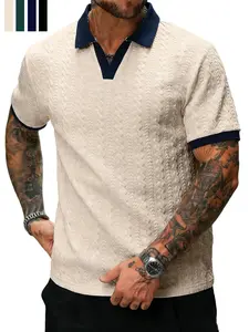 Men's Retro Colorblock Polo Shirt, Textured V Neck Short Sleeve Top, Smart Casual, Casual Street Style, Summer Fashion, Fitted Leisurewear, Menswear, Streetwear