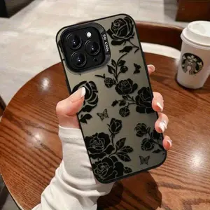 2026 New High-End Black Minimalist Rose Pattern Laser Frosted Protective Phone Case for Iphone 16 15 14 13 12 11 XS XR X 7 8 Mini Plus Pro Max SE Samsung S25 Perfect for Birthday Valentine'S Day Gifts for Boys