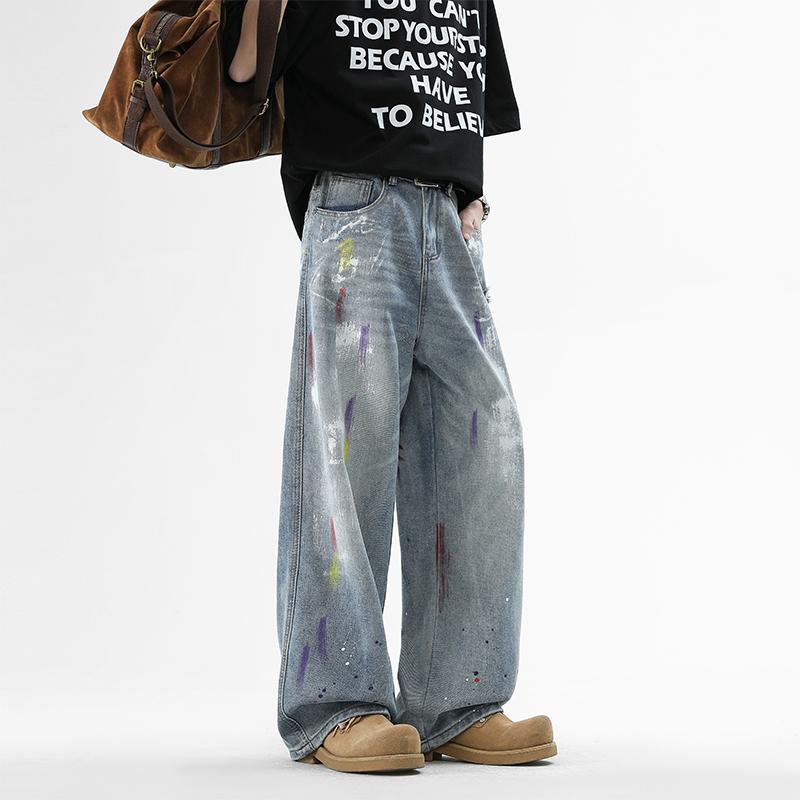 High Street New Trendy Brand Ripped Printed Jeans, Men's Washed Vintage High Street Long Pants for Spring and Fall, Loose Casual Versatile Straight Leg Pants, Niche Design Graffiti Splash Straight Mid-Rise Jeans, Wide Leg Trousers, Men's Jeans, Men's Bott High Street New Trendy Brand Ripped Printed Jeans, Men's Washed Vintage High Street Long Pants for Spring and Fall, Loose Casual Versatile Straight Leg Pants, Niche Design Graffiti Splash Straight Mid-Rise Jeans, Wide Leg Trousers, Men's Jeans, Men's Bott