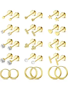 Small Hypoallergenic Flat Back Stud Earrings for Women Men Gold Plated Stainless Steel Earring Stacking Set Tiny Screw Back Cartilage Earrings for Sensitive Ears