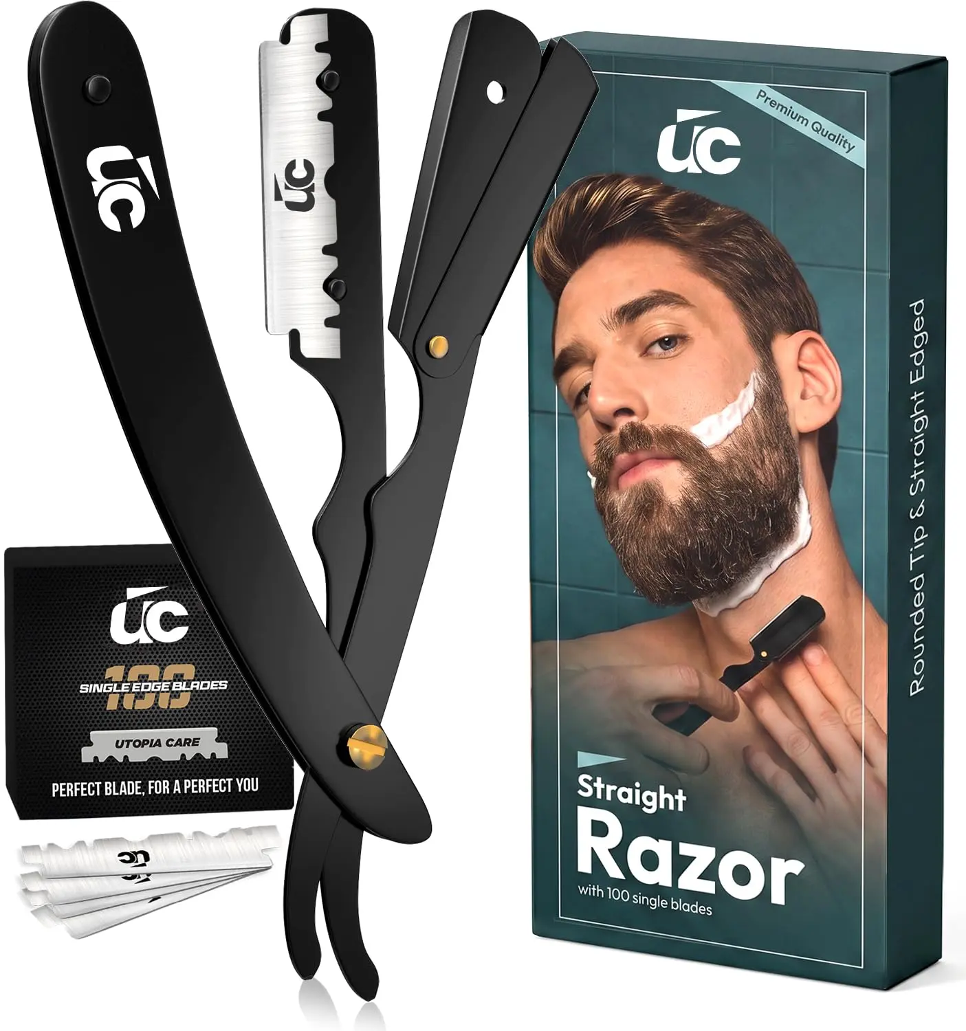 Utopia Care Barber Straight Razor for Men- 100pc Blades Straight Edge Razor | Professional Beard Grooming; Gifts For Men