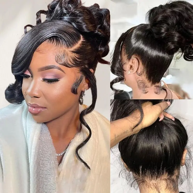 Women's 360 HD Lace Front Human Hair Wig, Body Wave with Invisi Strap, Pre-Plucked Drawstring Frontal, 180 Density Full Lace Glueless Wigs for Natural Look
