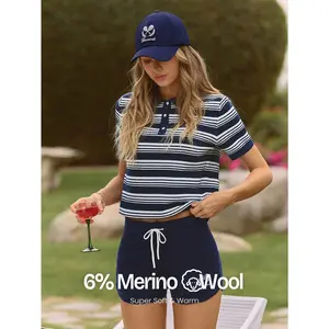 GLOWMODE Textured Knit Classic Prep Waist Length Regular Fit Front Logo Embroidery Striped Polo Short Sleeve Shirt Tennis Golf Pickleball Daily Casual Wear