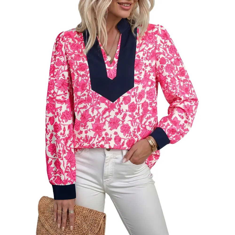 Dokotoo Women’s Floral Boho Tops, Long Sleeve V Neck Patchwork Blouse, Trendy Fall Colorblock Shirt for Work, Vacation, Date Nights & Everyday Wear
