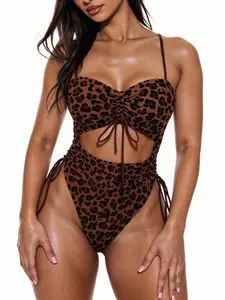 Women's Sexy Leopard Print Drawstring Cutout High-Waisted Slimming One-Piece Swimsuit, Pool Party Style Monokini Swimwear, Drawstring Bathing Suits