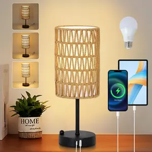 Boho Touch Table Lamp for Bedroom with USB-A & USB-C Charging Ports, 3-Way Dimmable Small Bedside Desk Lamp with Rattan and Linen Shade, Phone Stand, 9W LED Bulb Included, Brown