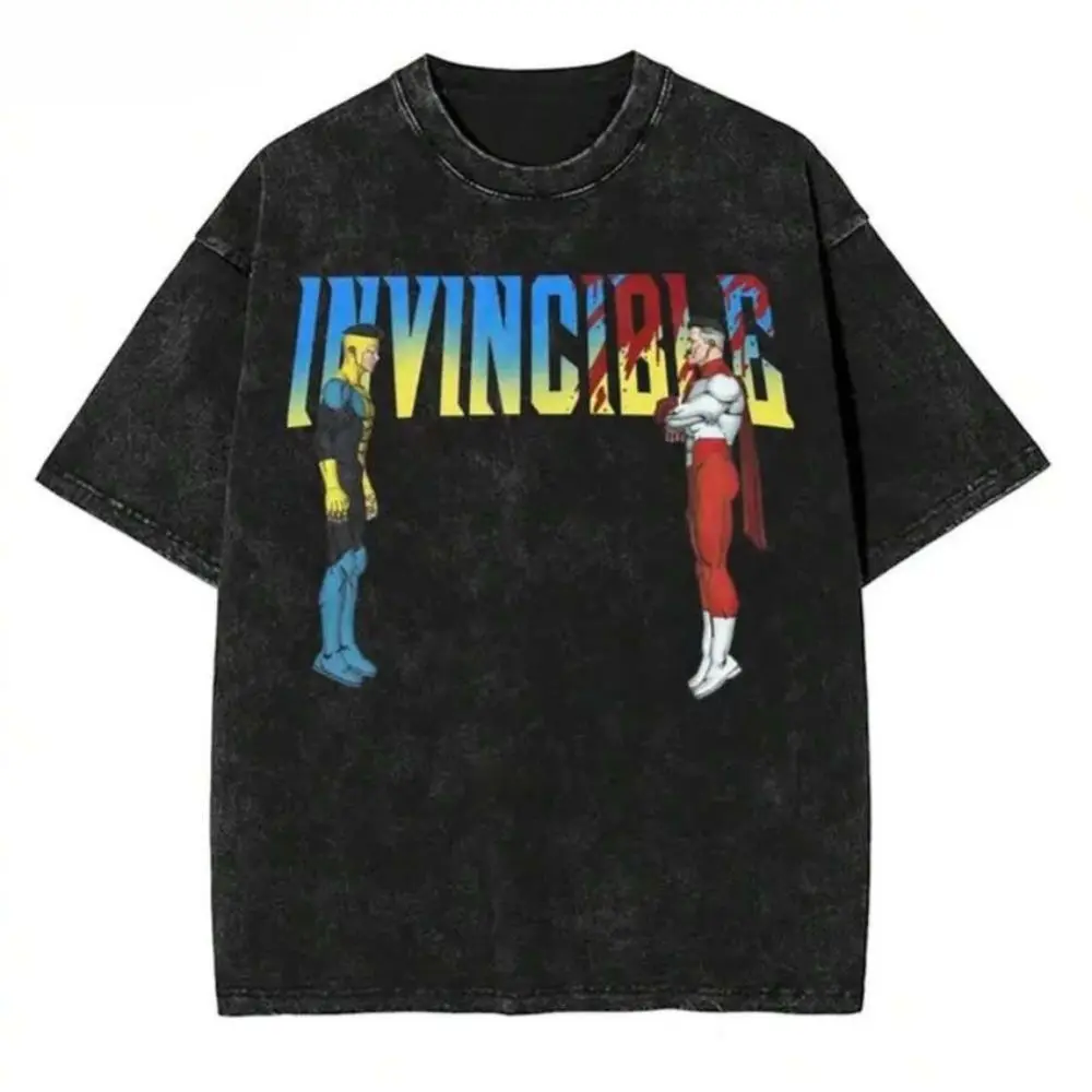 Retro Washed Invincible T-Shirt |   Mark Grayson & Omni-Man Battle Graphic Tee, Vintage 100% Cotton Crewneck, Casual Outdoor Superhero Streetwear, Unisex Short Sleeve Shirt for Men Women