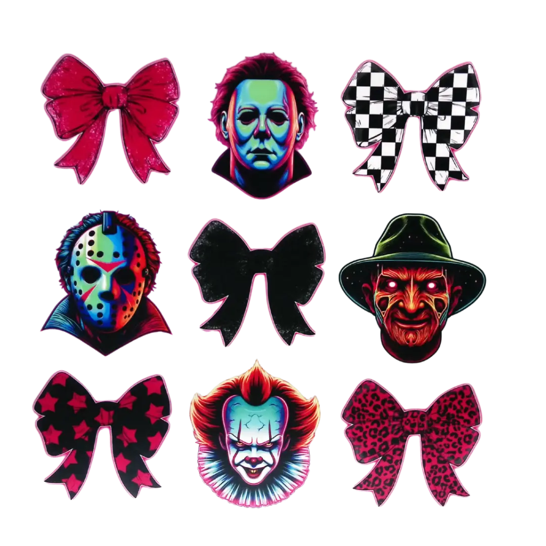 Classic Horror Characters "Bad Guys And Bows" 9 Different Designs On One Sheet PNG Digital Download Sublimation and DTF Print