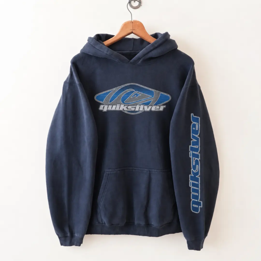 Quiksilver Logo Print Hoodie, Casual Pullover Sweatshirt, Retro Surf Streetwear Graphic Hoodie, Soft Comfortable Everyday Outfit, Gift for Men