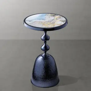 Enric Modern Blue Metal Accent Table - Sculptural Hammered Side Table with Marble-Like Round Table Top 24" High x 15.75" Dia