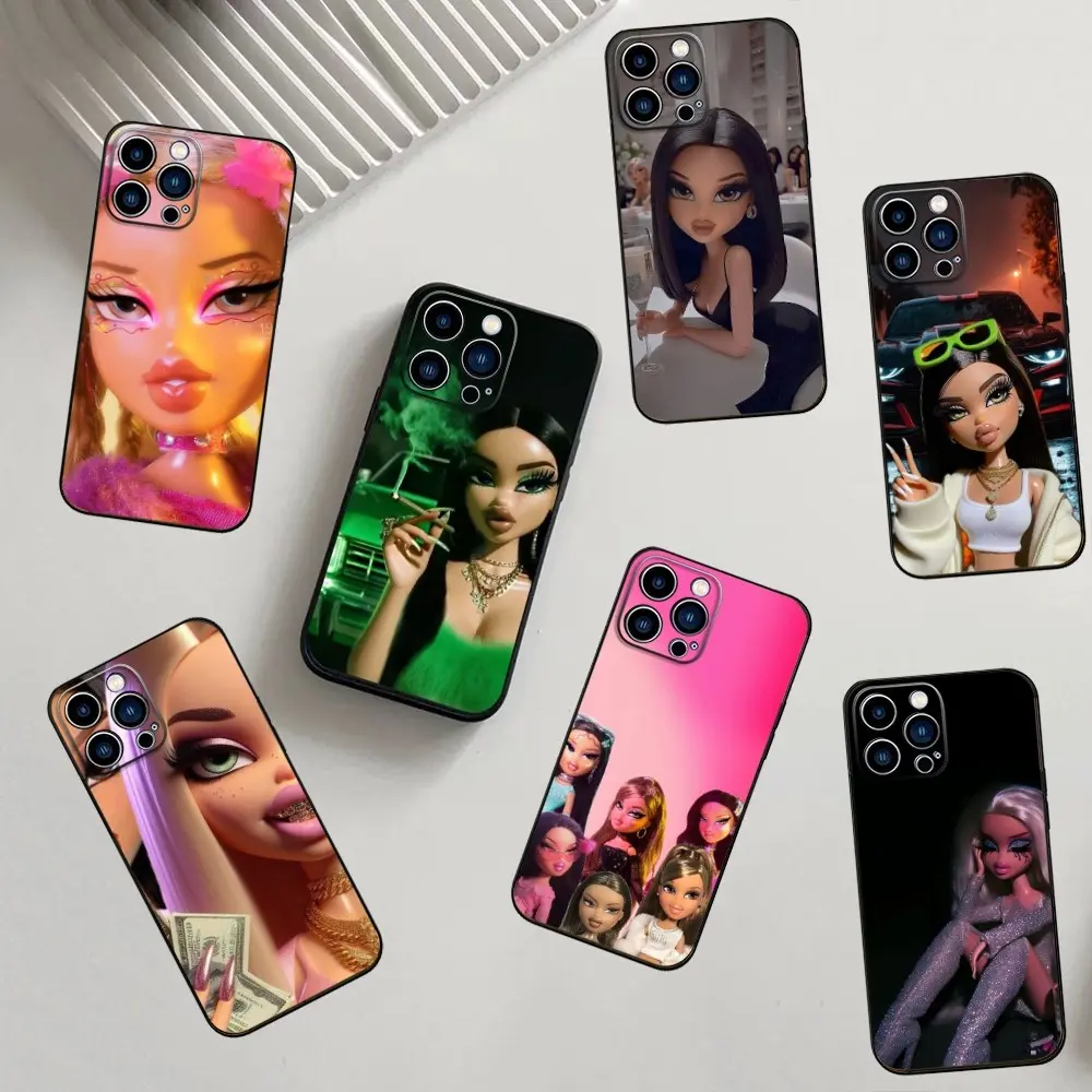 pink Phone Case Compatible with iPhone 16/15/14/13/12/11 Pro Max/Plus Silicone B-Bratz girl Black Shockproof TPU Protector Cellphone