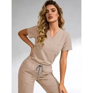 Women's V-Neck Quick-Dry Medical Scrubs Set, Stretchy Comfortable Lightweight Nurse Uniform Tops with Multiple Pockets, Casual Home Wear for All Seasons